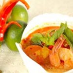 Thai red curry prawns in a white bowl - hCG diet weight loss recipe